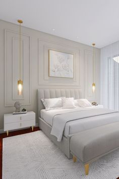 a bedroom with a large bed and white walls