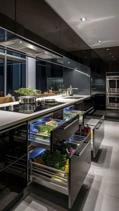 a kitchen with stainless steel appliances and lots of food on the counter top in it