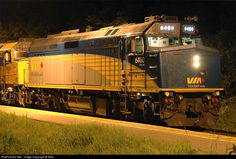 a yellow and black train engine pulling its cars down the tracks at night with trees in the background