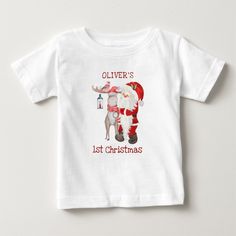 Baby 1st Christmas Santa and Reindeer Personalized Baby T-Shirt Reindeer Watercolor, Baby 1st Christmas, Whimsical Typography, New Years Look, Cute Watercolor, Baby's First Christmas, Top Baby Products, Holiday Outfit, Santa And Reindeer