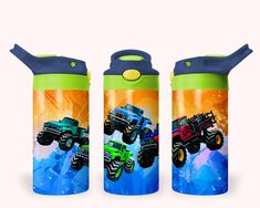 two water bottles with monster trucks on the front and one in the back, both green and blue