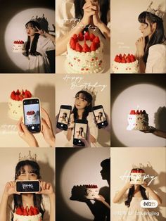 a collage of photos showing different people taking pictures with their cell phones and cake