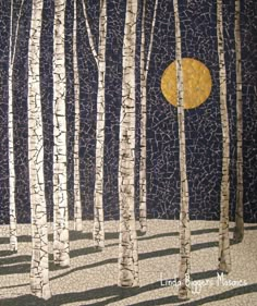 a painting of trees with the moon in the background