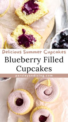 blueberry filled cupcakes with frosting on top and the words delicious summer cupcakes below