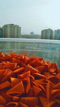 an orange cloth is in a plastic container with buildings in the background and sky line