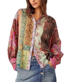 From Free People, this top features:Collar necklineLong sleevesFloral printButton down front closureApprox. 29" lengthCotton Machine wash/dry flat Imported. Patch Top, Linen Bottoms, Silk Bottoms, Flower Patch, Button Front Top, Silk Jacket, Mixing Prints, So Cool, Distressed Denim