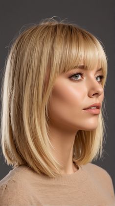 A blonde lob (long bob) with blunt bangs is a modern and chic hairstyle. This look features a shoulder-length cut with straight-across bangs that create a striking contrast. It’s suitable for those with straight or slightly wavy hair and works well for oval, heart-shaped, and square face shapes. This style is perfect for those who want a polished and fashionable look Lob With Full Fringe, Long Blonde Bob With Fringe, Lob With Bangs Oval Face, Lobs For Heart Shaped Faces, Shoulder Length Lob With Bangs, Long Bob Pony, Straight Across Bangs Long Hair, Bob Side Fringe