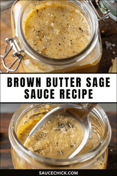 two jars filled with brown butter sauce on top of a wooden table