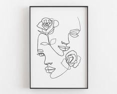 a black and white drawing of a woman's face with roses in her hair