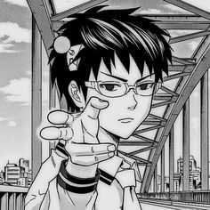 an anime character with glasses pointing to the side while holding his finger up in front of him