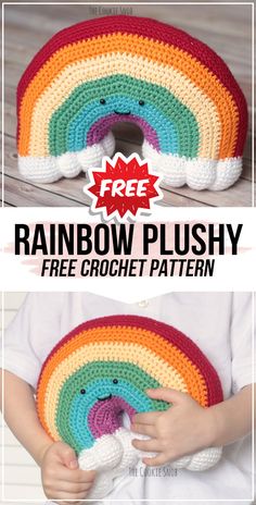 a crocheted rainbow pillow is shown with the text overlay that reads, free crochet pattern