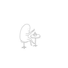 a drawing of a person sitting at a table with a cake in front of them