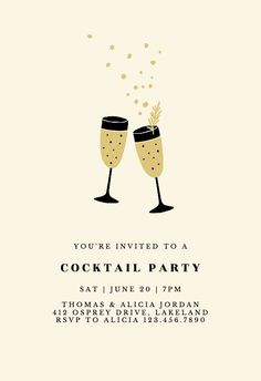 two champagne glasses are toasting with bubbles in the air on this cocktail party card