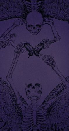 two skeletons with wings and a butterfly on their back, in front of a purple background