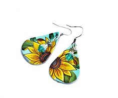 Hand Painted Leather Boho Sunflower Dangle Earrings Bohemian | Etsy Turquoise Dangle Jewelry For Spring, Hand Painted Green Summer Jewelry, Boho Sunflower, Bijoux Art Nouveau, Turquoise Background, Hand Painted Jewelry, Hand Painted Leather, Art Nouveau Jewelry, Earrings Bohemian