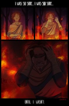 a comic strip with an image of a man holding his head in front of fire