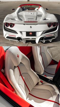 two photographs of the inside and outside of a sports car, one is white with red trim