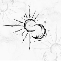 an artistic black and white drawing of the sun and moon with stars in the sky