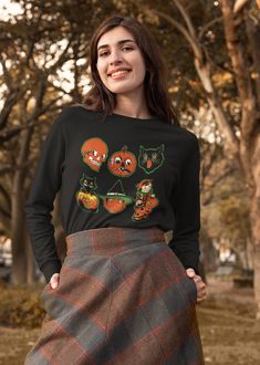 Complete your Mausoleum closet and freak out your family and friends all with one easy purchase of a Dr Eff Designs original sweatshirt. c໒( ◐ ﹏ ◐ )७੭ So Spooky 🦇 ╰(⸝⸝⸝'꒳`⸝⸝⸝)╯ ✨Please refer to the size chart in the pictures✨ This vintage Halloween design is a perfect compliment for your sweater with a soft fleece inside and comfortable fit, Layer this baby up with your cape of choice and it will be your favorite item of clothing in no time. 💀 100% cotton face 💀65% cotton, 35% polyester 💀 Ch Black Halloween Sweatshirt For Alternative Fashion, Black Sweatshirt For Halloween Alternative Fashion, Grunge Long Sleeve Tops For Halloween, Spooky Black Long Sleeve Top, Gothic Long Sleeve T-shirt For Fall, Gothic Crew Neck Tops For Fall, Gothic Long Sleeve Halloween Tops, Gothic Long Sleeve Tops For Halloween, Alternative Crew Neck Tops For Fall