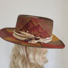 Brown, Vintage Stetson Hat. Hand Painted Design Size 7 1/4 Rustic Fitted Hat For Kentucky Derby, Winter Bohemian Fedora, Handmade Fitted Fedora For Fall, Bohemian Fitted Fedora For Fall, Fitted Bohemian Fedora With Flat Brim, Bohemian Fitted Hats For Fall, Fitted Bohemian Fedora For Fall, Fitted Bohemian Hat For Fall, Bohemian Sun Hat For Kentucky Derby