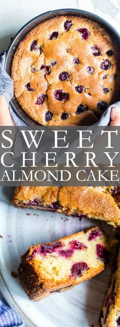 a close up of a pie on a plate with the words sweet cherry almond cake