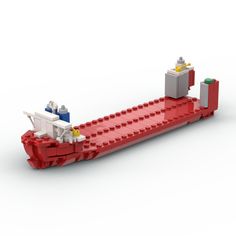 the lego boat is made out of red plastic bricks and has two small blocks attached to it