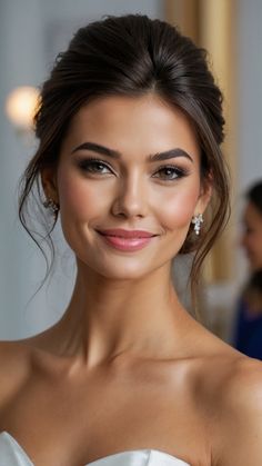 a woman in a strapless dress smiling at the camera with her hair pulled back