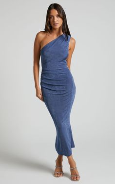 Arietty Midi Dress - One Shoulder Asymmetrical Ruched Dress in Steel Blue One Shoulder Dress With Ruched Sides For Party, One Shoulder Bodycon Dress With Ruched Sides For Party, One-shoulder Bodycon Dress With Ruched Sides For Party, One-shoulder Ruched Bodycon Dress For Parties, Party One-shoulder Dress With Ruched Sides, One Shoulder Ruched Asymmetrical Dress For Date Night, Blue Draped One Shoulder Fitted Dress, Blue Fitted Draped One Shoulder Dress, Fitted Blue Draped One Shoulder Dress