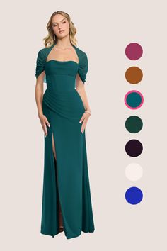 a woman in a long green dress with different color options for the colors on it