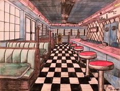 50’s Diner, Diner Artwork, Diner Architecture, Old Diner Aesthetic, 50s Diner Aesthetic, Diner Drawing, Retro Restaurant Design, 1950 American Diner, 50's Aesthetic