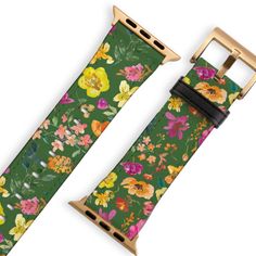 "Elevate your Apple Watch with this unique vegan leather strap band featuring a colorful watercolor flowers design with a green background! Available in various sizes to fit your Apple Watch.  𝐀𝐁𝐎𝐔𝐓 𝐓𝐇𝐄 𝐁𝐀𝐍𝐃 --Opaque, not see-through --Matte hardware (black, silver, classic gold or rose gold) --Compatible with ALL series --Comfortably adjusts to fit virtually all wrists, unisex --Sweat & water resistant 𝐌𝐀𝐓𝐄𝐑𝐈𝐀𝐋𝐒/𝐃𝐄𝐒𝐈𝐆𝐍 --Made with premium, cruelty-free vegan/faux leather  --Hand-crafted design and band --Design will be UV printed on to band --Seamlessly sealed with propriety protective coating --Textured, satin finish 𝐃𝐈𝐌𝐄𝐍𝐒𝐈𝐎𝐍𝐒 𝟯𝟴/𝟰𝟬/𝟰𝟭𝗺𝗺 (𝗦𝗠𝗔𝗟𝗟𝗘𝗥 𝗪𝗔𝗧𝗖𝗛 𝗙𝗔𝗖𝗘) Thickness → .08in (.2cm) Width → .83in (2.21cm) Length → 6.3-8.86in ( Rectangular Green Apple Watch Band As A Gift, Green Rectangular Apple Watch Band Gift, Trendy Adjustable Multicolor Apple Watch Band, Handmade Multicolor Apple Watch Band, Bohemian Multicolor Adjustable Apple Watch Band, Modern Multicolor Apple Watch Band, Adjustable Green Apple Watch Band Wear-resistant, Small Watch, Leather Watch Strap