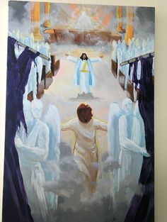 an oil painting of jesus walking through the temple with his arms stretched out in front of him