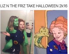 two women dressed in halloween costumes, one with green hair and the other wearing blue