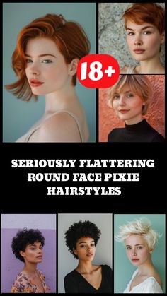 Collage of diverse women with short pixie hairstyles, showcasing flattering styles for round faces. Brunette Pixie, Platinum Pixie, Feathered Bangs, Baby Bangs, Edgy Pixie, Asymmetrical Pixie, Soft Blonde, Curly Pixie Cuts, Dark Brunette