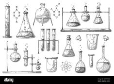 an image of science lab equipment sketched on white paper - stock photo, images and clippings