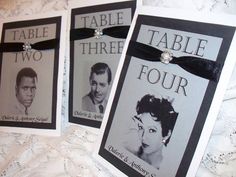 three cards with black and white photos on them, one has a bow tie around the neck