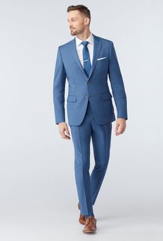 Medium Blue Suit Wedding, Formal Blue Wool Suits, Blue Wool Suits For Formal Occasions, Blue Slim Fit Three-piece Suit, Blue Wool Suit With Pressed Crease, Blue Wool Suits With Pressed Crease, Blue Slim Fit Suit In Suiting Fabric, Blue Slim Fit Suits In Suiting Fabric, Tailored Blue Business Suits