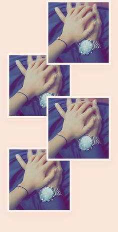 four different pictures of hands with wrist watches on them and one showing the middle finger