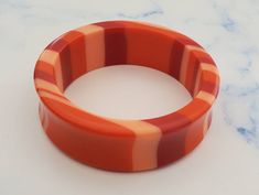 Bakelite Bangles, Red Peach, Super Chunky, Curve Design, Vintage Bakelite, Pretty Bracelets, Layered Bracelets, Black Enamel, Orange Red