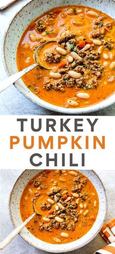 two bowls filled with turkey pumpkin chili