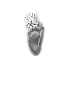 a black and white photo of a baby's foot with the word king written on it