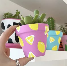 a hand holding a potted plant with lemons and limes painted on it