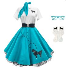 PRICES MAY VARY. Our 7-Piece 50’s Vintage Costume Set: Comes with a women’s poodle skirt, a chiffon scarf, a polo shirt with a poodle applique, a crinoline petticoat, an elastic cinch belt, a set of white socks with our poodle applique on the cuffs, and cateye glasses Perfect For Sock Hops & Decade Dances: Whether you’re going to a sock hop, decades dance, or 50s-themed party, you’ll fit right in with this vintage-inspired costume. Get ready to twist and shout and rock ‘n’ roll in your complete Decades Dance, Sock Hop Outfits, 1950s Poodle Skirt, Choose Outfit, Poodle Skirt Costume, Poodle Skirt Outfit, Retro Attire, Skirt Costume, 50s Women