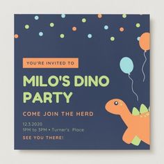 a dinosaur birthday party card with balloons and confetti on the side, in blue