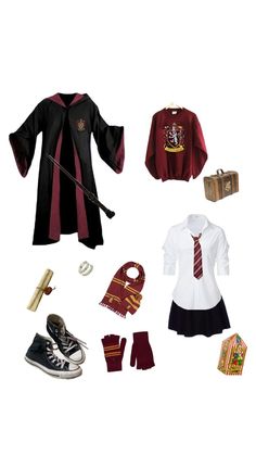 a harry potter costume and accessories are arranged on a white background