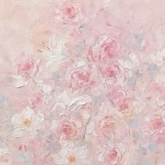 an abstract painting with pink flowers on it