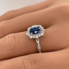 Oval Sapphire Art Deco Engagement Ring Oval Halo Blue - Etsy Engagement Ring Oval Halo, Engagement Rings Bride, Oval Solitaire Engagement Ring, Blue Sapphire Engagement Ring, Engagement Ring Oval, Simulated Diamond Rings, Engagement Rings And Wedding Bands, Sapphire Engagement Ring Blue, Blue Sapphire Ring