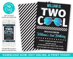 two cool birthday party invitation with an iphone and sunglasses on the front, black and white stripes