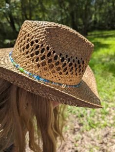 Looking for something to help brighten your beach hat? Wanting to personalize your straw hat and make it stand out? Or just wanting to have a different hat band that no one else may have. Well than, let's create a handmade beaded band! Custom order your stretch hat band that is easily removable and can be placed on several of your hats in the closet. Just pick three charm sets from the drop down boxes as well as the color palette you would like, I will do the rest!  Remember these personalized, Beaded Straw Hat, Beaded Straw Hat With Curved Brim For Beach, Adjustable Blue Hat Bands For Vacation, Adjustable Summer Hat Bands As A Gift, Adjustable Summer Hat Bands As Gifts, Adjustable Brimmed Fun Sun Hat, Adjustable Hat Bands As Summer Gifts, Western Blue Hat Bands For Beach, Western Blue Straw Hat For Beach