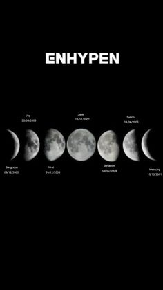 an image of the phases of the moon in black and white, with text that reads enhypen